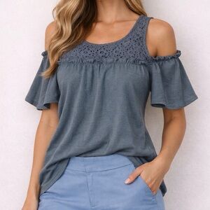 LC Lauren Conrad Blue Lace Detail Blouse